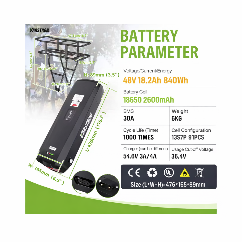 48V 18.2Ah Rear Rack E-Bike Battery