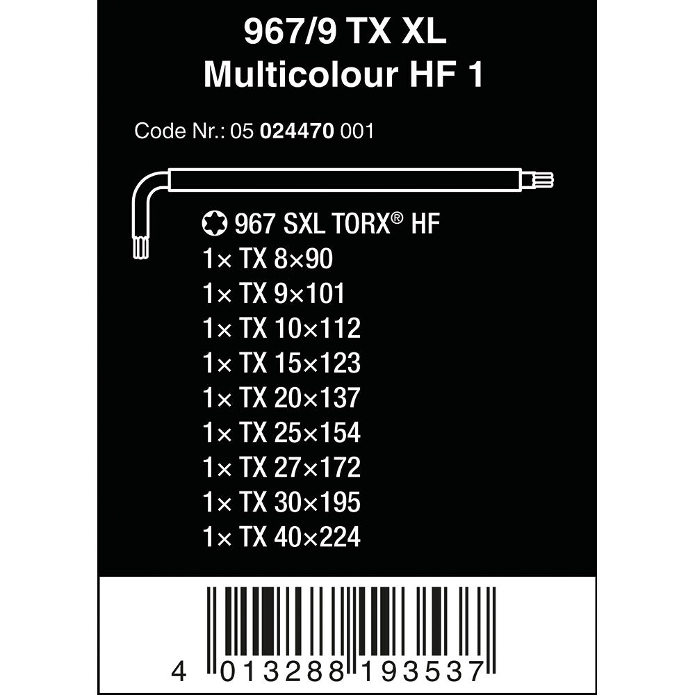 Wera Tools 967/9 TX XL Multicolour HF 1 Long L-key Set With Holding Function