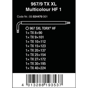 Wera Tools 967/9 TX XL Multicolour HF 1 Long L-key Set With Holding Function