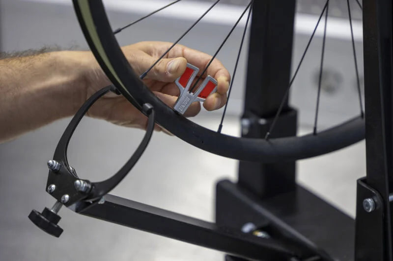 A bicycle wheel being centred