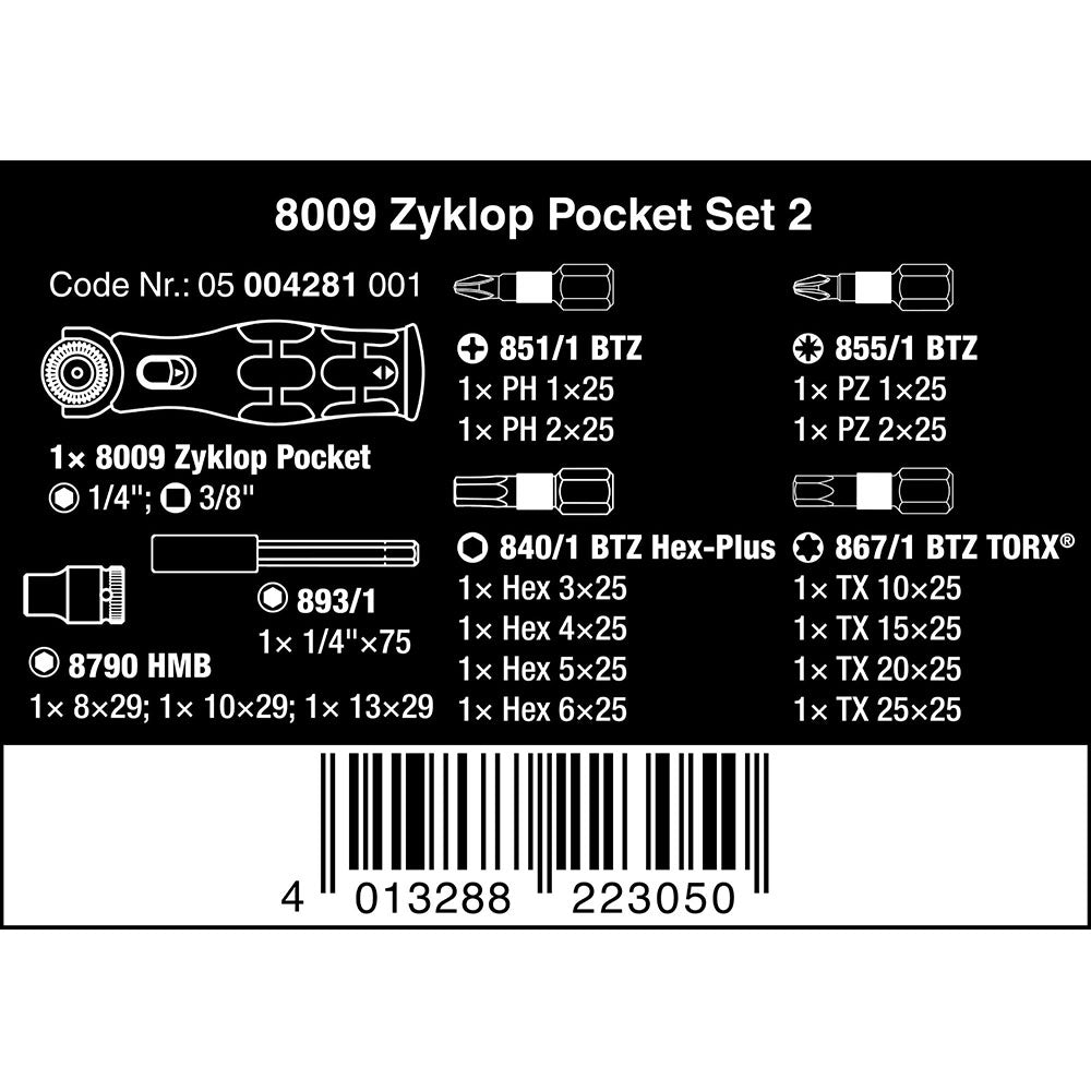Wera Tools 8009 Zyklop Ratchet Pocket Set 2 Bit 1/4" 18pc