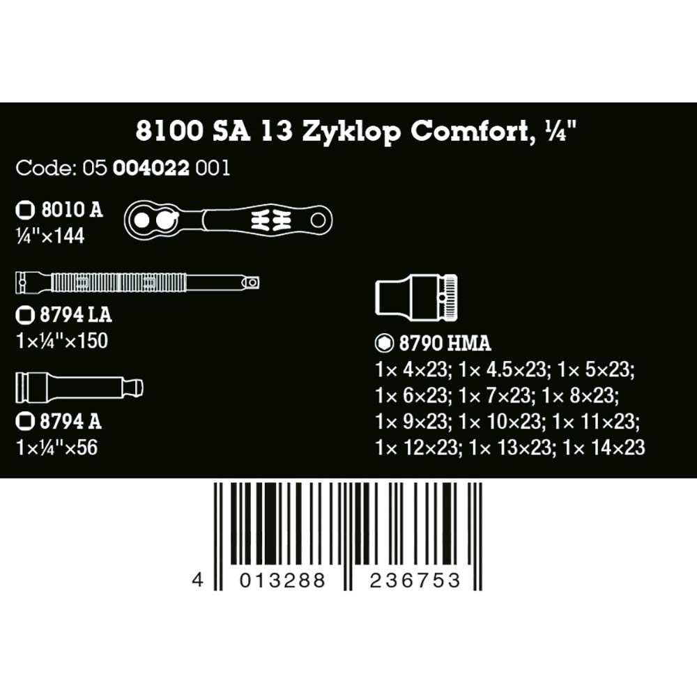 Wera Tools 8100 SA 13 Zyklop Comfort  Ratchet Set 1/4 Drive Metric,15 Pack