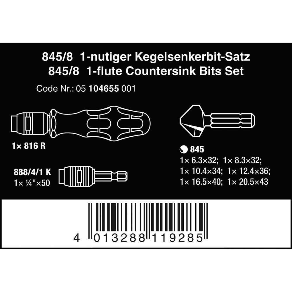 Wera Tools 845/8 Countersink 1-Flute Bits Set 8pc